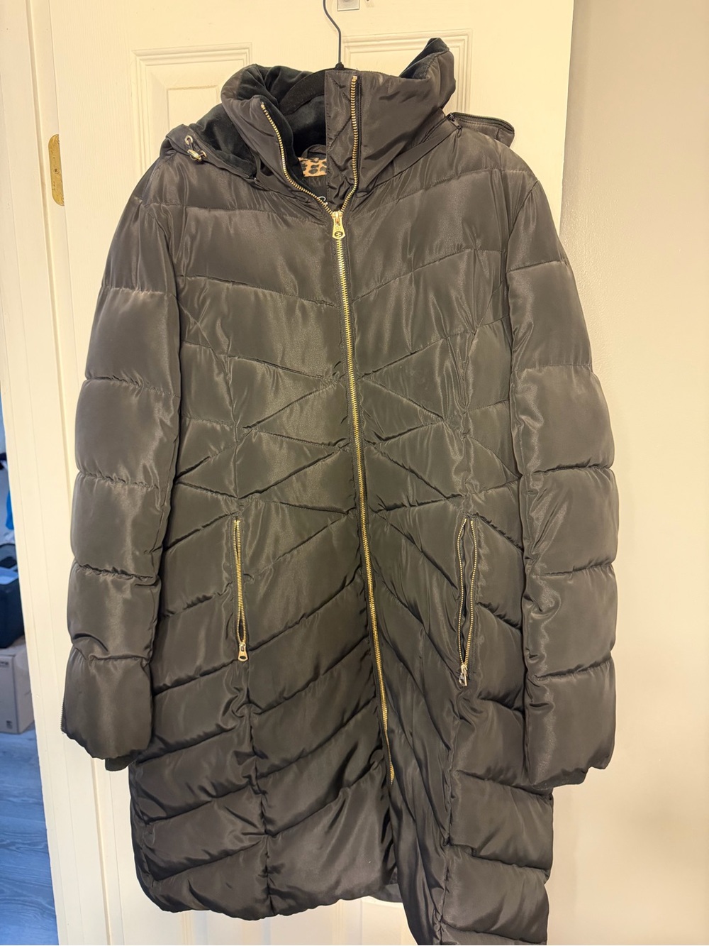 Jessica Simpson Black Quilted Long Puffer Coat with Gold Zippers